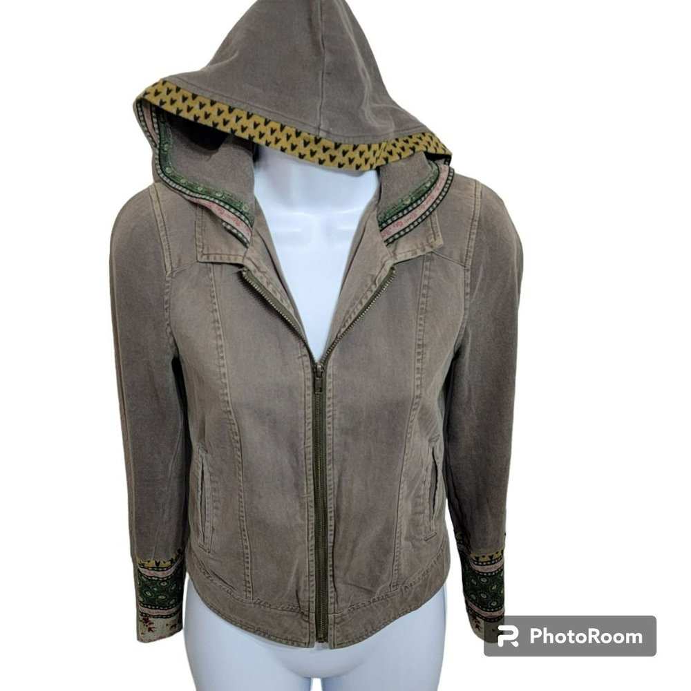 Others Follow Denim Jacket, Women XS, Olive Denim w/Corduroy Sleeve, Hoodie, GUC